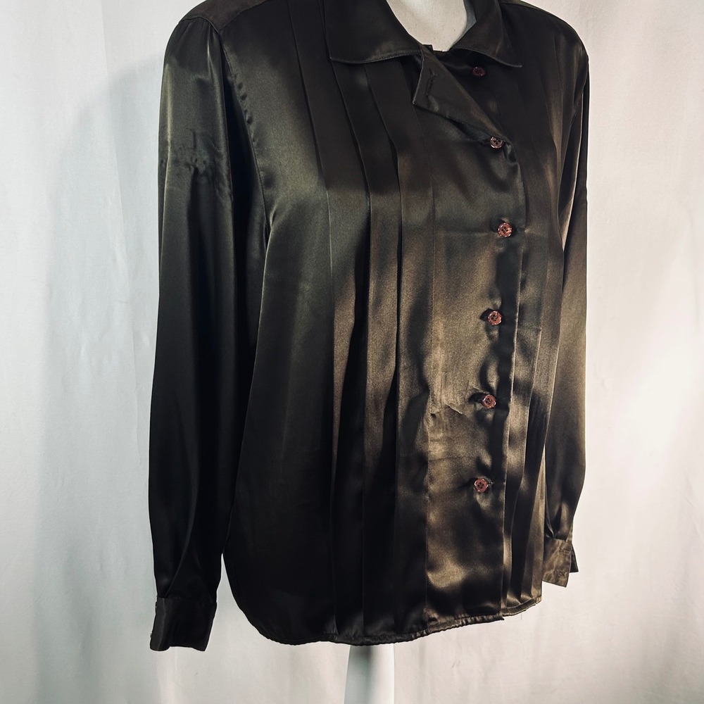 Jones New York Brown Satan Pintuck Button Up Blouse Womens Size 12 - Picture 5 of 10